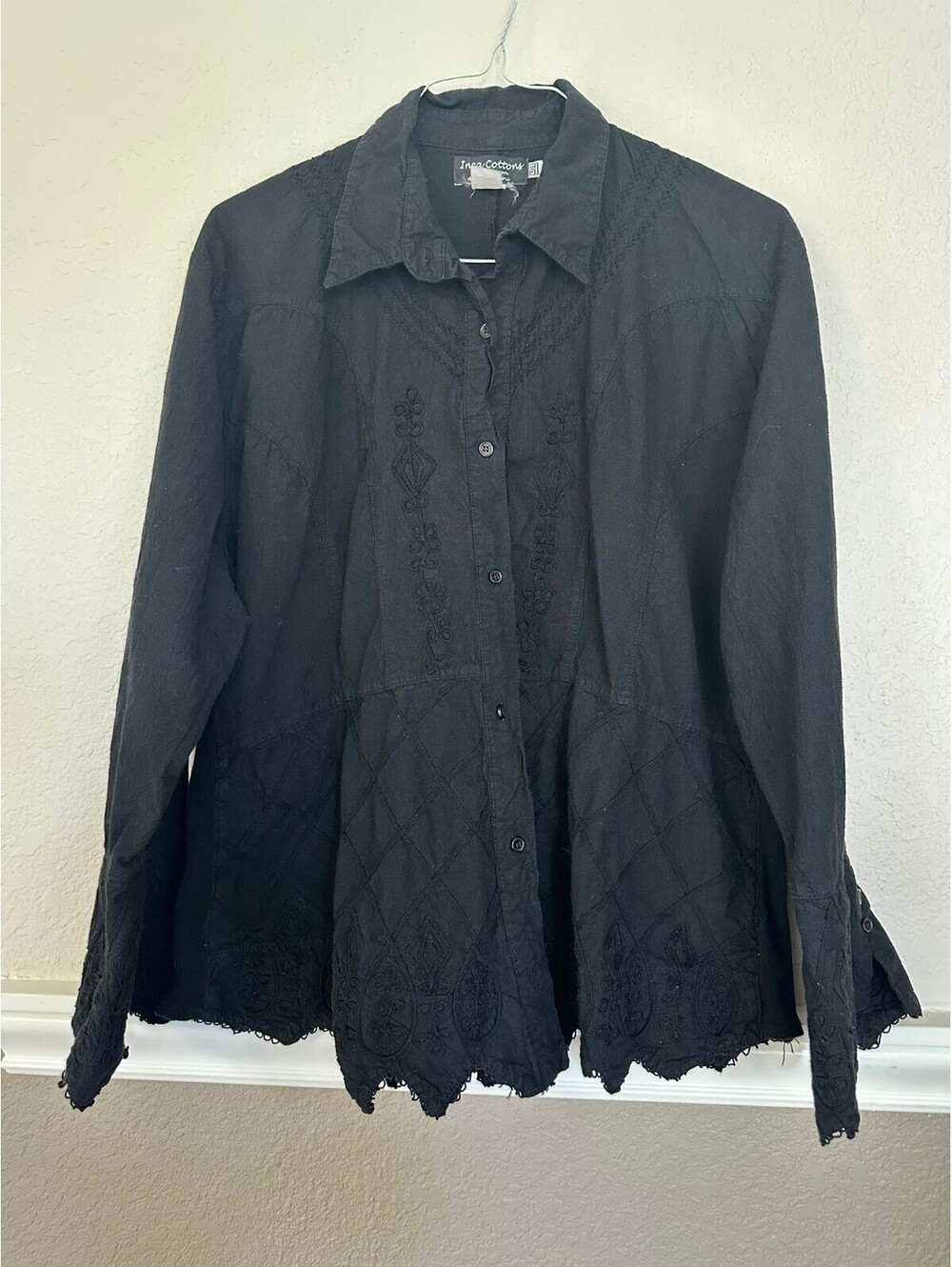 Inca Cottons Womens 3XL Black Embroidered Button Up Shirt Scalloped Hem Boho